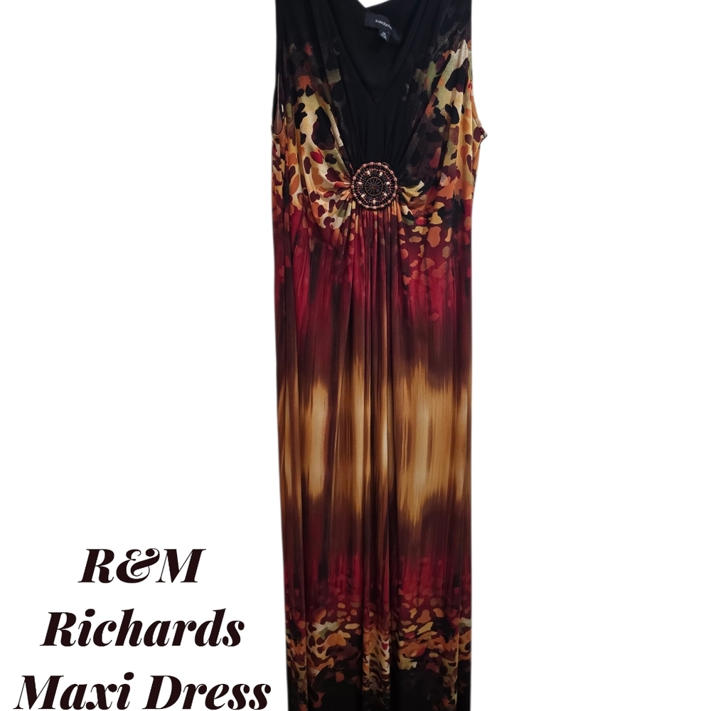 D6 * R&M Richards Black/Brown Maxi Dress With Beaded Brooch Detail 14
